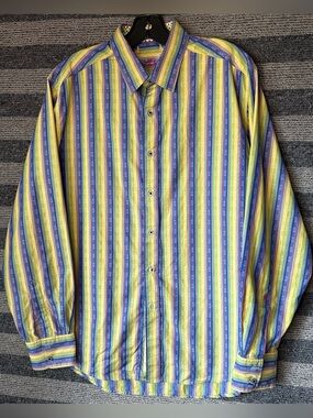 Robert Graham Yellow and Blue Striped Button-Up Shirt Men’s XL EUC